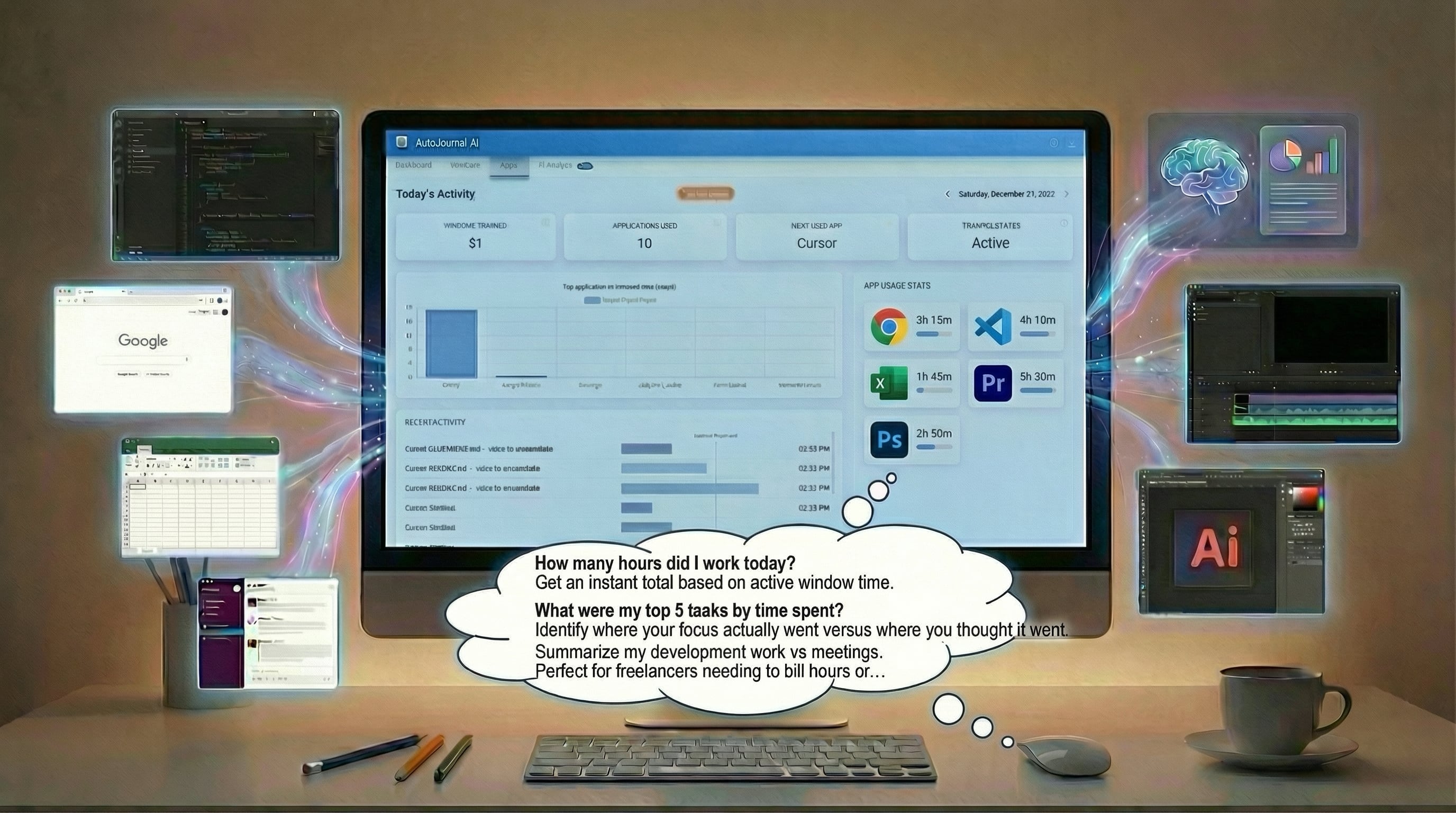 AutoJournal AI Dashboard showing daily activity